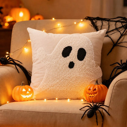Cute Loop Fleece Ghost Halloween Pillow Cover, Soft Decorative Cushion Cover For Autumn Home Sofa Decoration