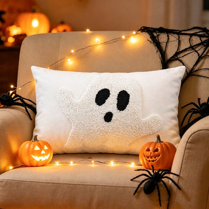 Cute Loop Fleece Ghost Halloween Pillow Cover, Soft Decorative Cushion Cover For Autumn Home Sofa Decoration