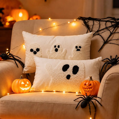 Cute Loop Fleece Ghost Halloween Pillow Cover, Soft Decorative Cushion Cover For Autumn Home Sofa Decoration