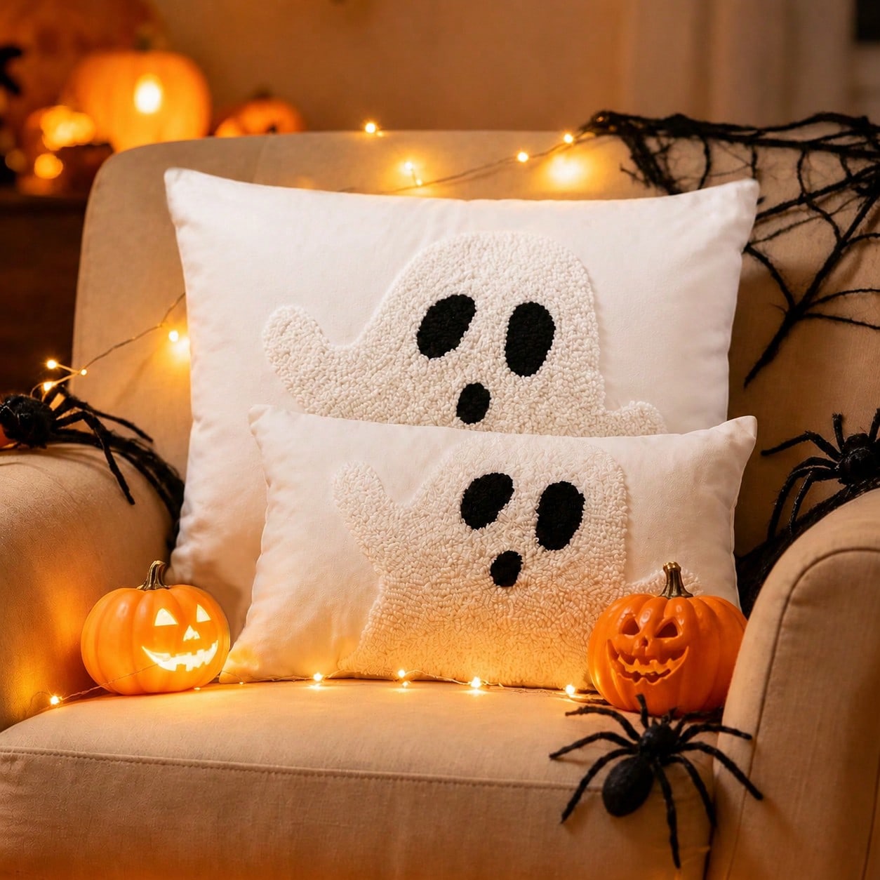 Cute Loop Fleece Ghost Halloween Pillow Cover, Soft Decorative Cushion Cover For Autumn Home Sofa Decoration