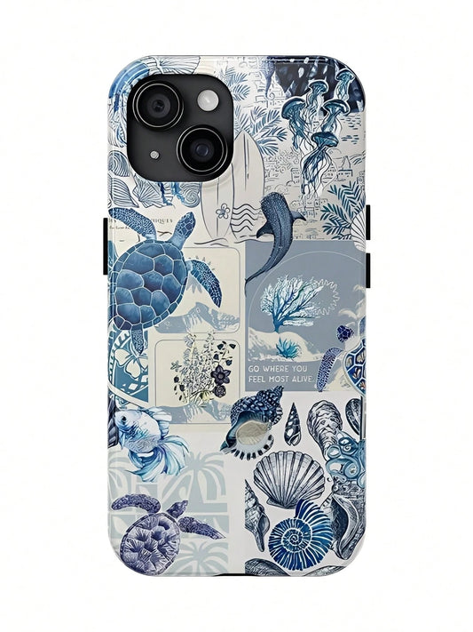 Cute Marine Life Blue Ocean Aesthetic 2-In-1 Phone Case, Suitable For Compatible With Phone17,17air,16, 15, 14, 13, 12, 11, PRO MAX, X,XS,PLUS, As Well As, Galaxy S21/22/23/24/25 Ultra/FE+, NOTE20 Ult