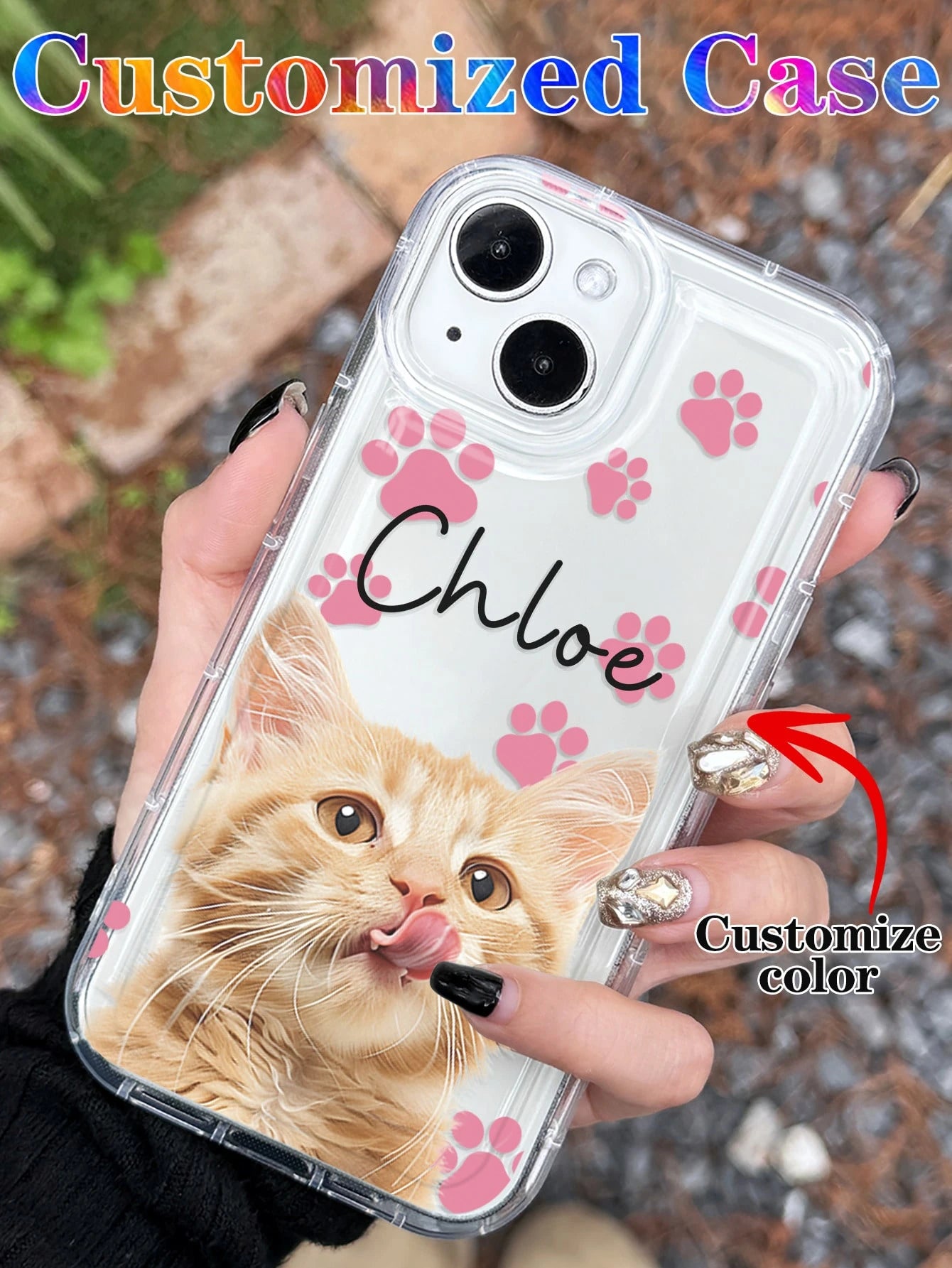 Cute Pink Cat Elements Customized 1pc Customized Pet Photo & Paw Print & Name Text Design Phone Case, Suitable For A14, A15, A13, A12, A55, A54, A21s, S21, S22, S23, S24 Ultra, 11, 12, 13, 14, 15, 16