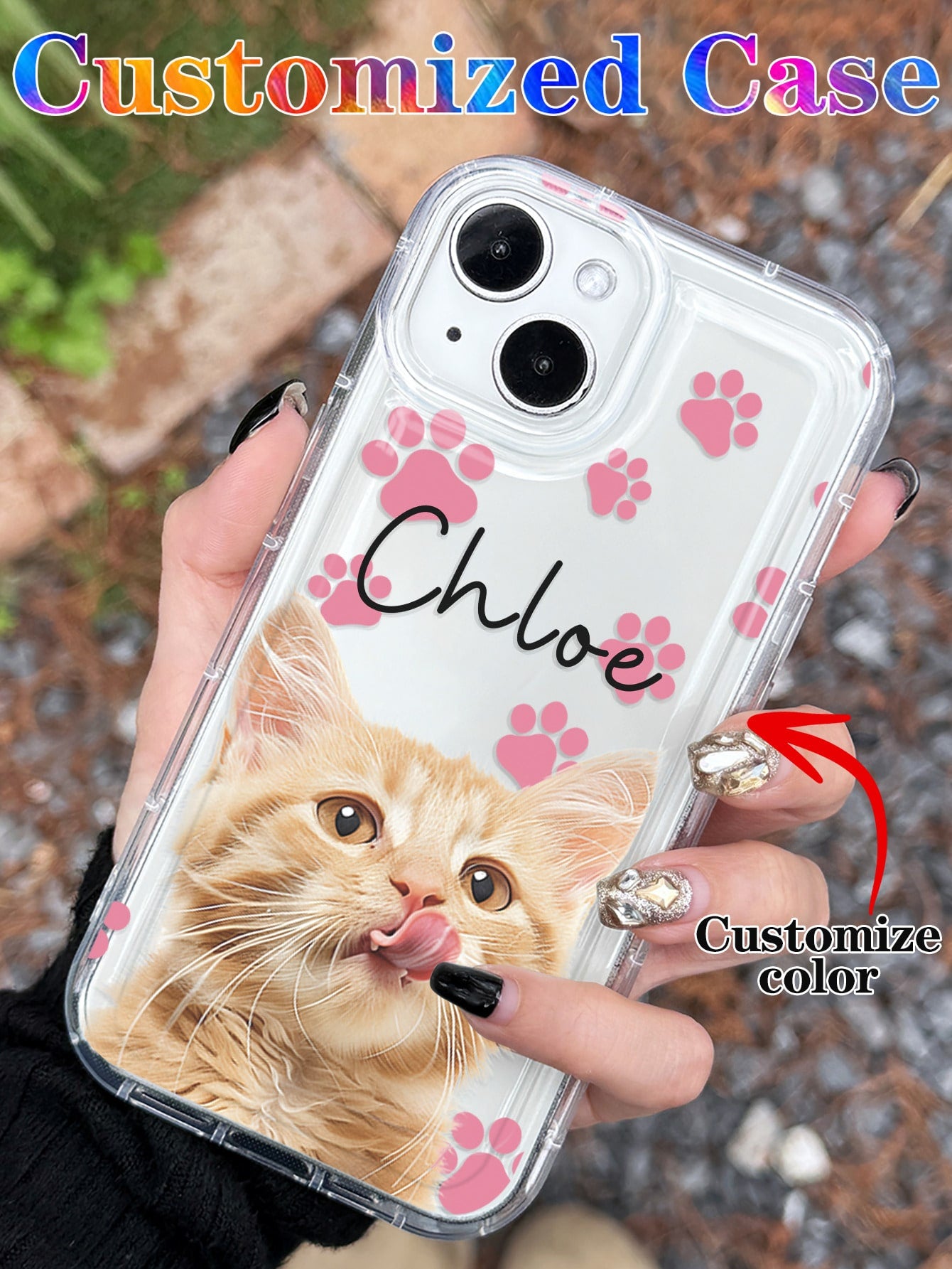 Cute Pink Cat Elements Customized 1pc Customized Pet Photo & Paw Print & Name Text Design Phone Case, Suitable For A14, A15, A13, A12, A55, A54, A21s, S21, S22, S23, S24 Ultra, 11, 12, 13, 14, 15, 16