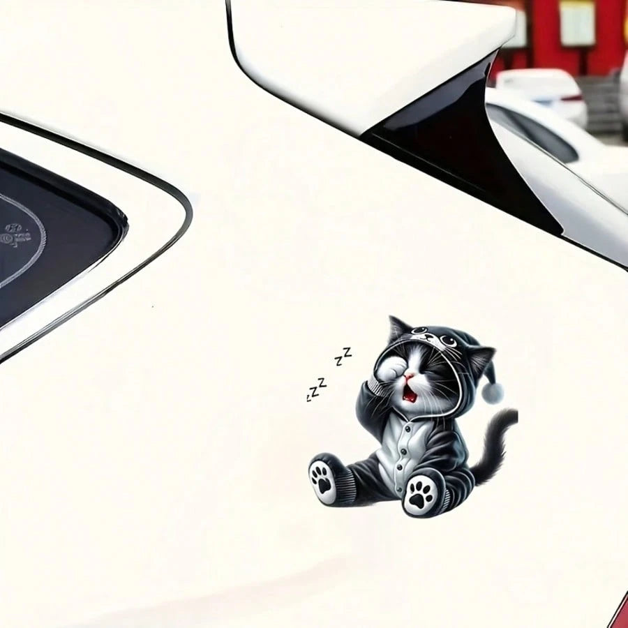 Cute Sleepy-Eyed Cat Awakening Sticker- Suitable For Cars, Trucks, Motorcycles, Windows, And Walls- Self-Adhesive Disposable Sticker- Can Be Applied To Glass, Metal, And Ceramic Surfaces