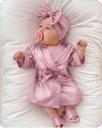 Cute Summer Light Pink Newborn Baby Girls 3-Piece Pajamas Set,Family Matching Bow-Tie Robe,Slippers,Hat Photography Prop,Comfortable Casual Home Wear