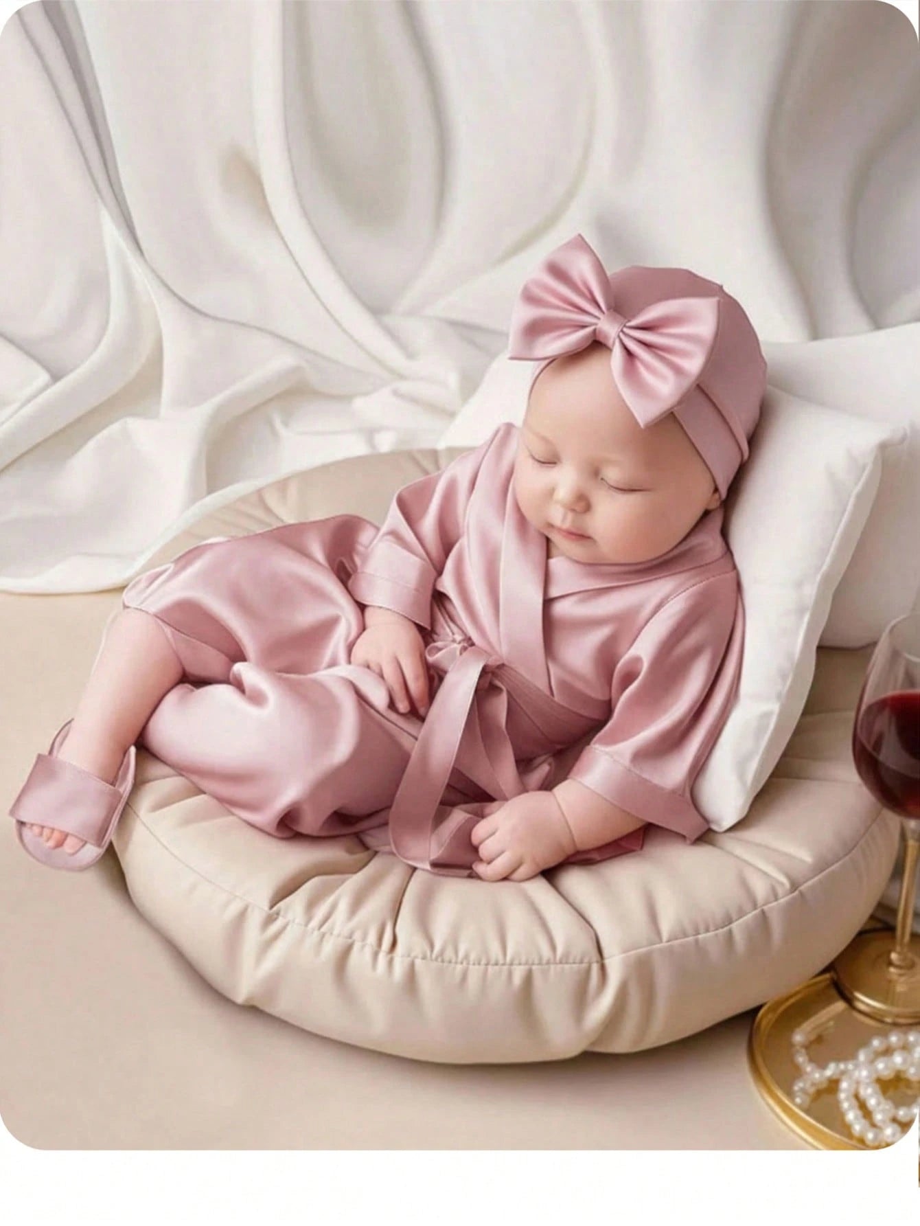 Cute Summer Light Pink Newborn Baby Girls 3-Piece Pajamas Set,Family Matching Bow-Tie Robe,Slippers,Hat Photography Prop,Comfortable Casual Home Wear