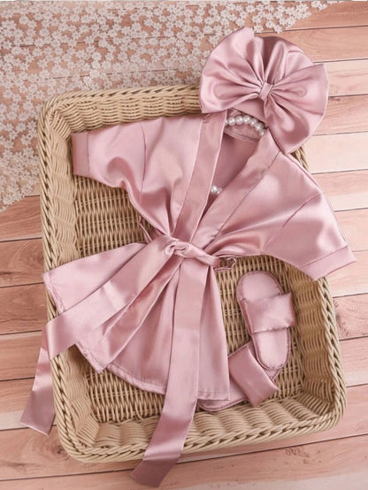 Cute Summer Light Pink Newborn Baby Girls 3-Piece Pajamas Set,Family Matching Bow-Tie Robe,Slippers,Hat Photography Prop,Comfortable Casual Home Wear