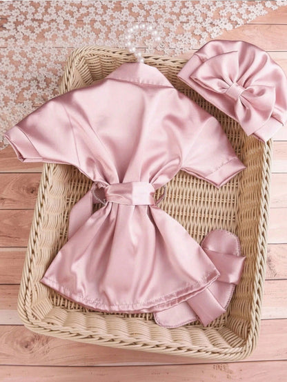 Cute Summer Light Pink Newborn Baby Girls 3-Piece Pajamas Set,Family Matching Bow-Tie Robe,Slippers,Hat Photography Prop,Comfortable Casual Home Wear