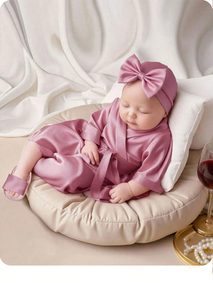 Cute Summer Light Pink Newborn Baby Girls 3-Piece Pajamas Set,Family Matching Bow-Tie Robe,Slippers,Hat Photography Prop,Comfortable Casual Home Wear