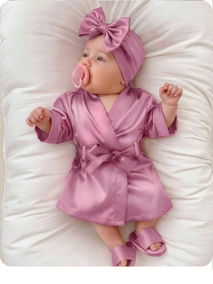 Cute Summer Light Pink Newborn Baby Girls 3-Piece Pajamas Set,Family Matching Bow-Tie Robe,Slippers,Hat Photography Prop,Comfortable Casual Home Wear