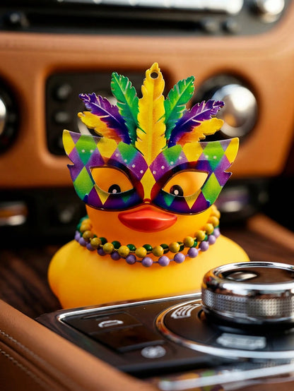 Cute Yellow Rubber Duck Car Interior Decor Carnival Themed Duck With Mask & Beads Auto Dashboard Decor & Desk Accessory For Festival & Daily Use