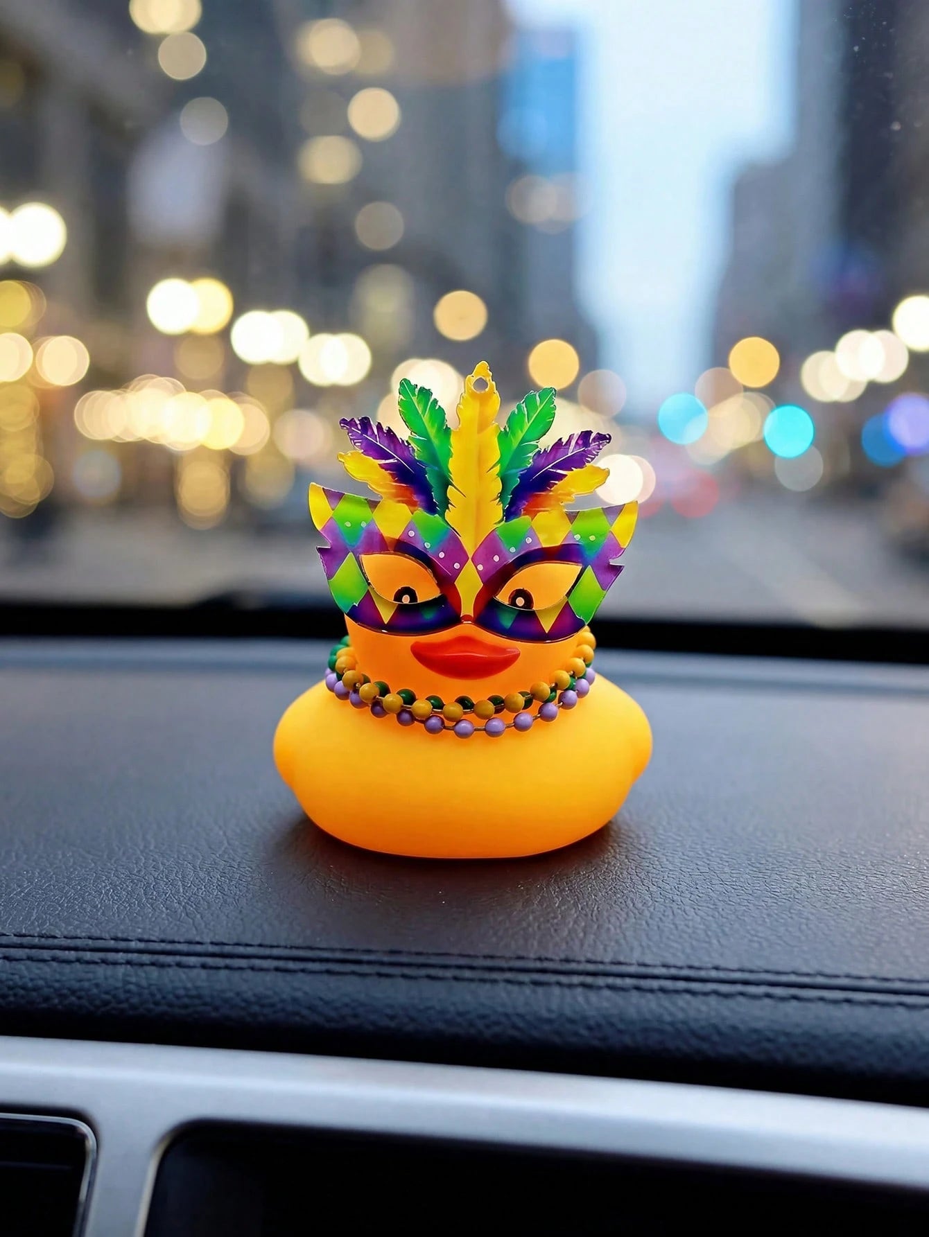 Cute Yellow Rubber Duck Car Interior Decor Carnival Themed Duck With Mask & Beads Auto Dashboard Decor & Desk Accessory For Festival & Daily Use