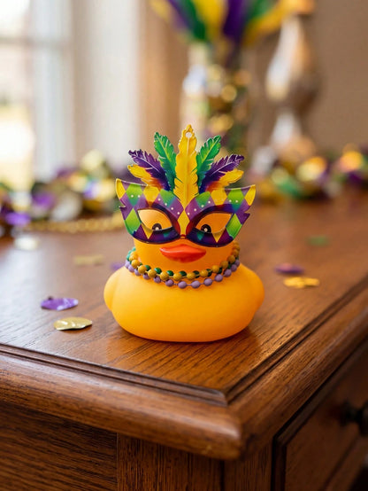 Cute Yellow Rubber Duck Car Interior Decor Carnival Themed Duck With Mask & Beads Auto Dashboard Decor & Desk Accessory For Festival & Daily Use