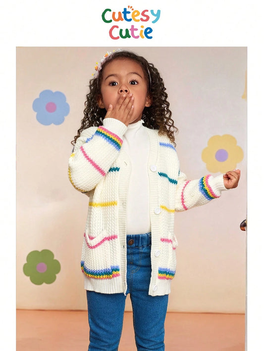 CutesyCutie Colorful Striped Loose Casual Cardigan Sweater For Young Girls,In Fall/Winter