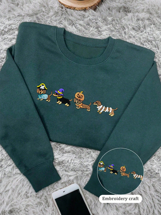 Dachshund Halloween Embroidered Sweatshirt Cute Dog Apparel Crew Neck Sweatshirt Horror Season Autumn Dog Shirt Dachshund Lover T-Shirt Dog Mom Shirt Women Hoodie
