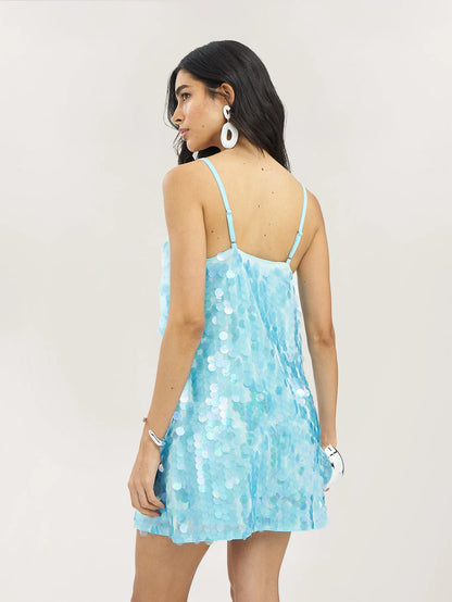 Dancing Leopard Blue Sequin Slip Mini Dress, Summer Outfits For Women, Holiday Dress, Party Dress Women, Date Night Dress, Vacation Dress Women, Beach Dress