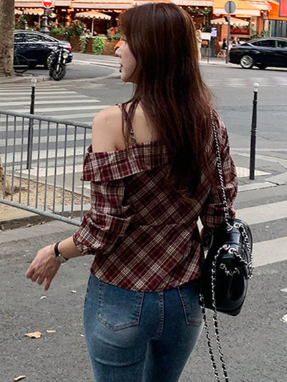 DAZY 1pc Women's Asymmetric Shoulder Strap Asymmetrical Blouse Long Sleeve Women