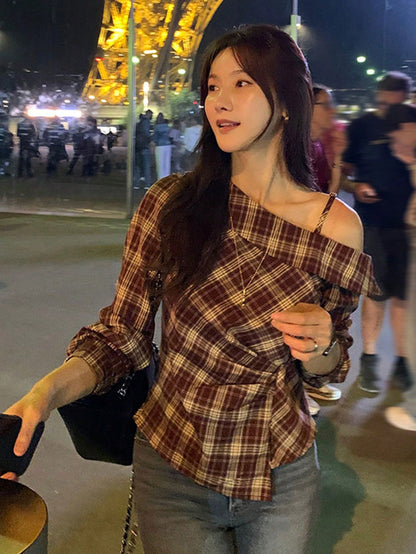 DAZY 1pc Women's Asymmetric Shoulder Strap Asymmetrical Blouse Long Sleeve Women