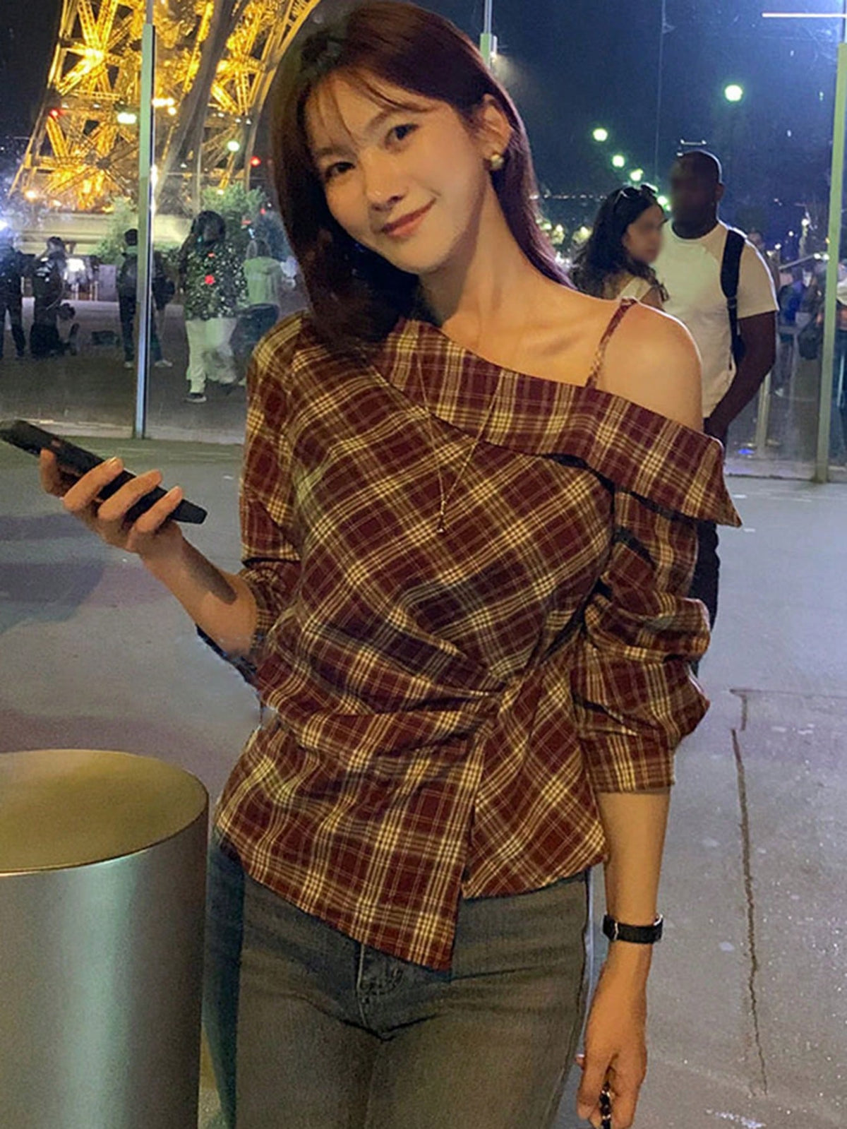 DAZY 1pc Women's Asymmetric Shoulder Strap Asymmetrical Blouse Long Sleeve Women