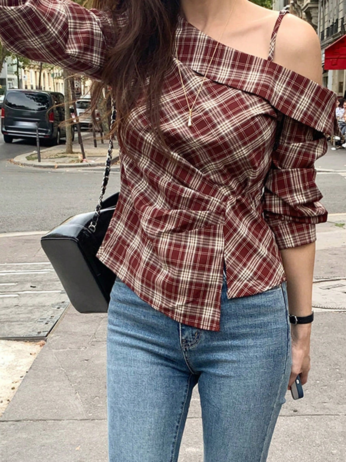 DAZY 1pc Women's Asymmetric Shoulder Strap Asymmetrical Blouse Long Sleeve Women