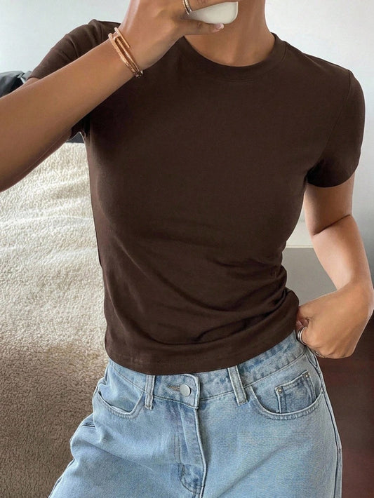 DAZY 1pc Women's Solid Color Crew Neck Fitted Short Sleeve T-Shirt