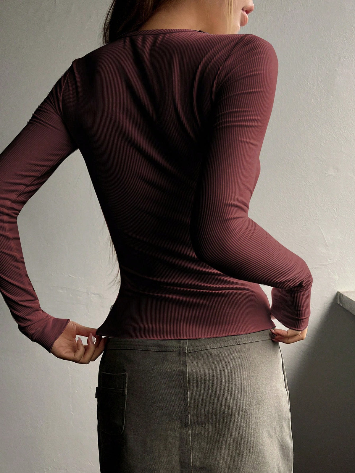DAZY Half Button Ribbed Knit Slim Fit Tee,Fall Clothes Long Sleeve Women Tops