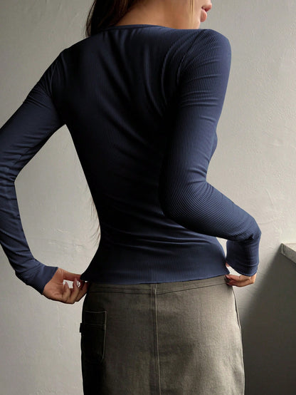 DAZY Half Button Ribbed Knit Tee,Fall Clothes Long Sleeve Women Tops