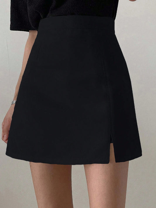 DAZY High Waist Split Hem Skirt,Ladies Casual Zipper Mini Regular Fit High Waist Black Plain Women Skirts,Spring/Summer,Casual Daily Wear