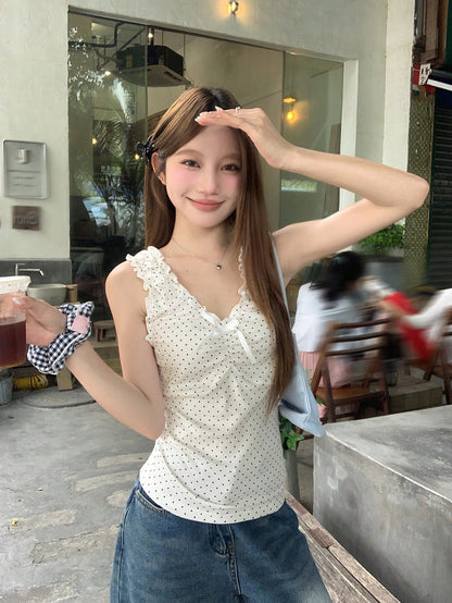 DAZY Korean Style Women's Polka Dot Sleeveless Bowknot Blouse Top Going Out Tops