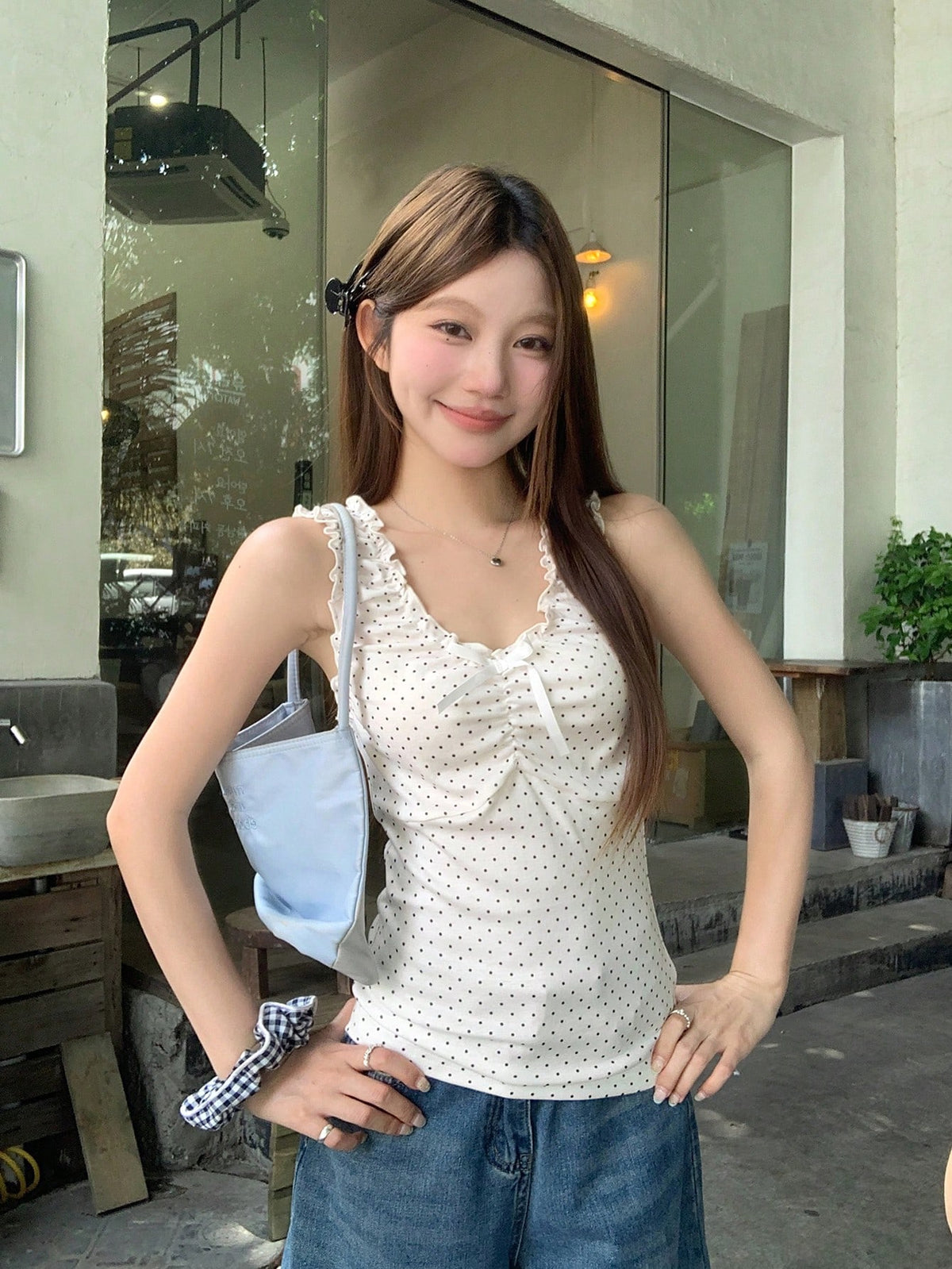 DAZY Korean Style Women's Polka Dot Sleeveless Bowknot Blouse Top Going Out Tops