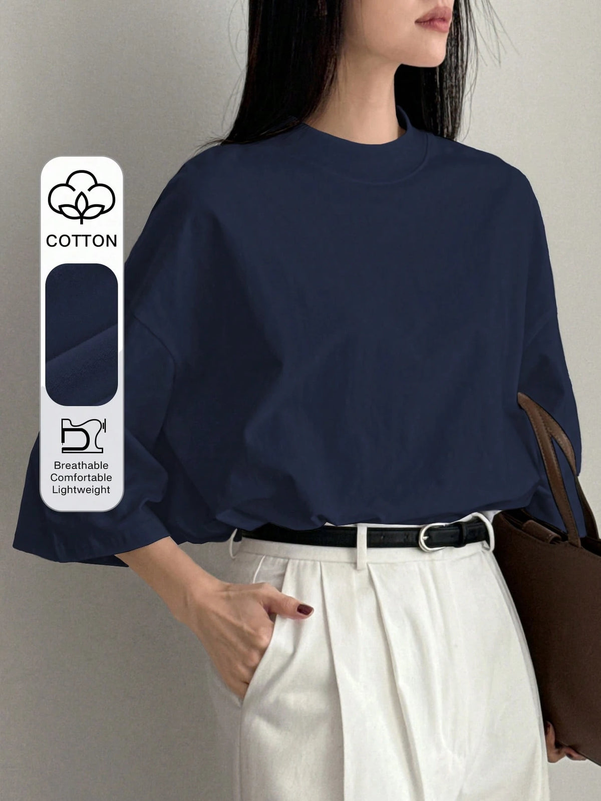 Dazy-Less Loose Business Casual Office Wear Solid Color Minimalist Mid-Sleeve Stand Collar Short Sleeve T-Shirt For Women