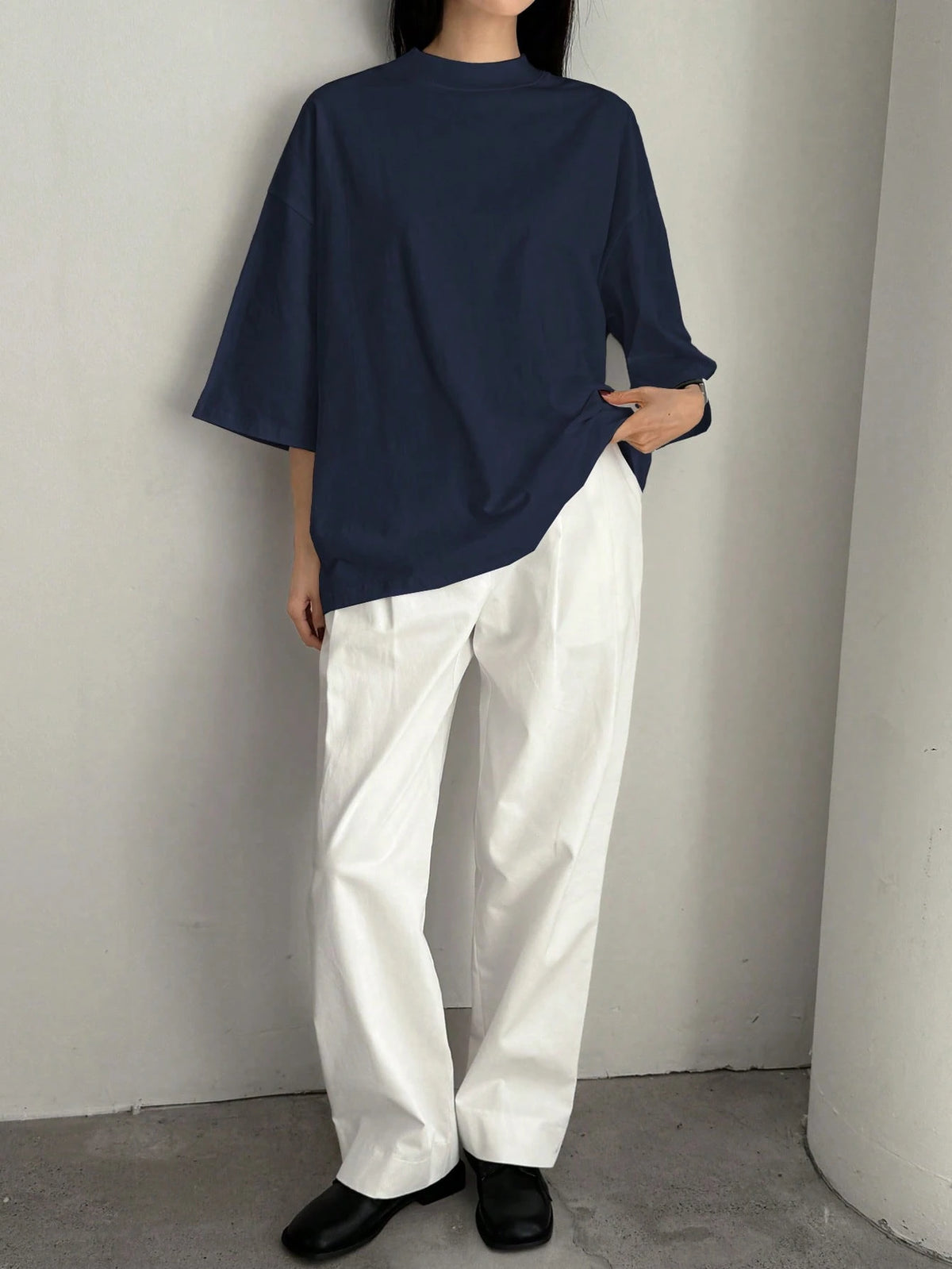 Dazy-Less Loose Business Casual Office Wear Solid Color Minimalist Mid-Sleeve Stand Collar Short Sleeve T-Shirt For Women