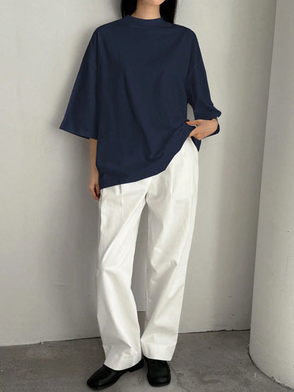 Dazy-Less Loose Business Casual Office Wear Solid Color Minimalist Mid-Sleeve Stand Collar Short Sleeve T-Shirt For Women