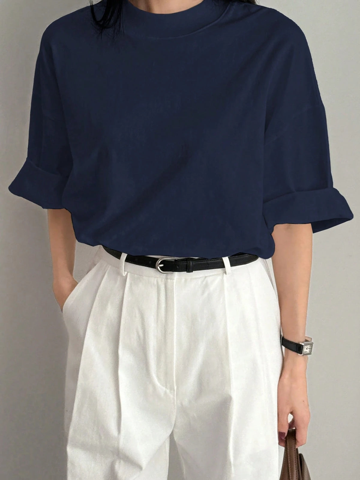 Dazy-Less Loose Business Casual Office Wear Solid Color Minimalist Mid-Sleeve Stand Collar Short Sleeve T-Shirt For Women