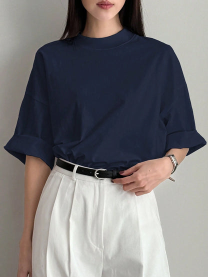 Dazy-Less Loose Business Casual Office Wear Solid Color Minimalist Mid-Sleeve Stand Collar Short Sleeve T-Shirt For Women