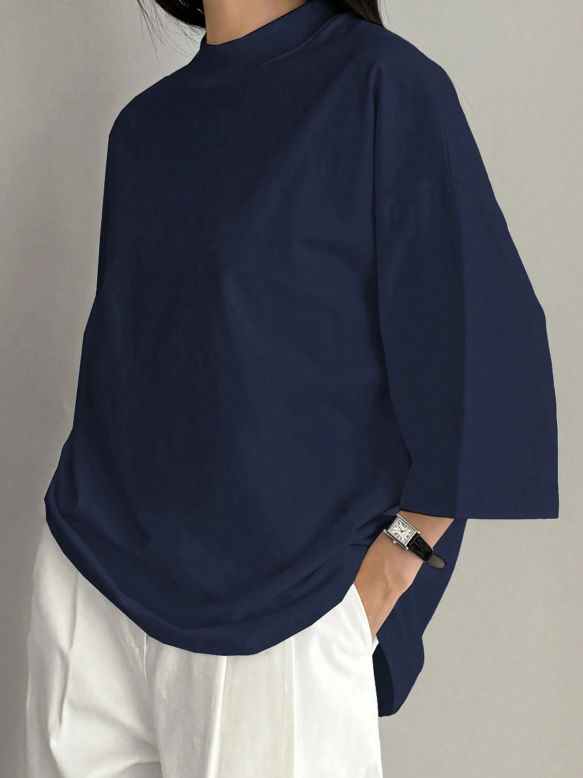 Dazy-Less Loose Business Casual Office Wear Solid Color Minimalist Mid-Sleeve Stand Collar Short Sleeve T-Shirt For Women