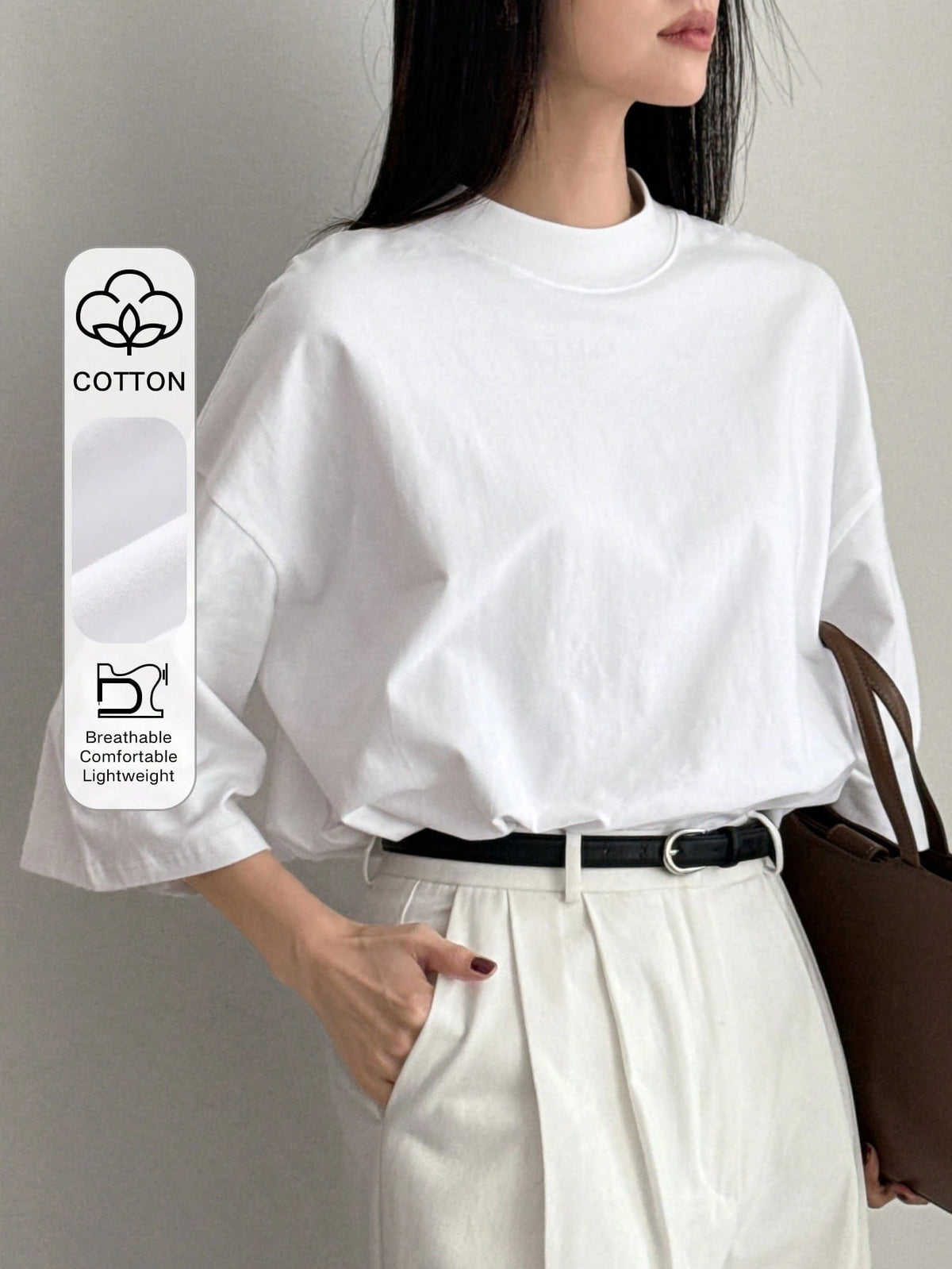 Dazy-Less Loose Business Casual Office Wear Solid Color Minimalist Mid-Sleeve Stand Collar Short Sleeve T-Shirt For Women