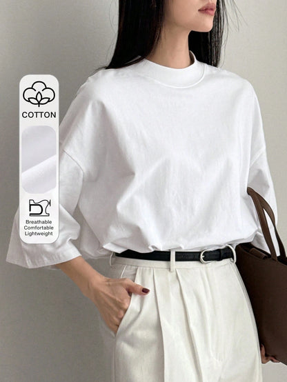 Dazy-Less Loose Business Casual Office Wear Solid Color Minimalist Mid-Sleeve Stand Collar Short Sleeve T-Shirt For Women