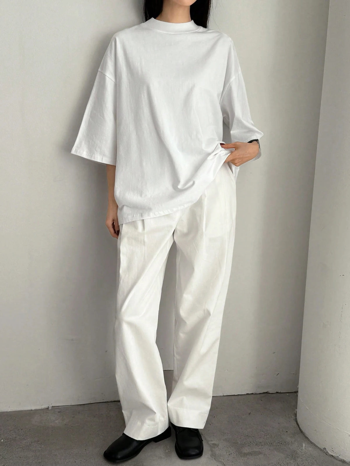 Dazy-Less Loose Business Casual Office Wear Solid Color Minimalist Mid-Sleeve Stand Collar Short Sleeve T-Shirt For Women