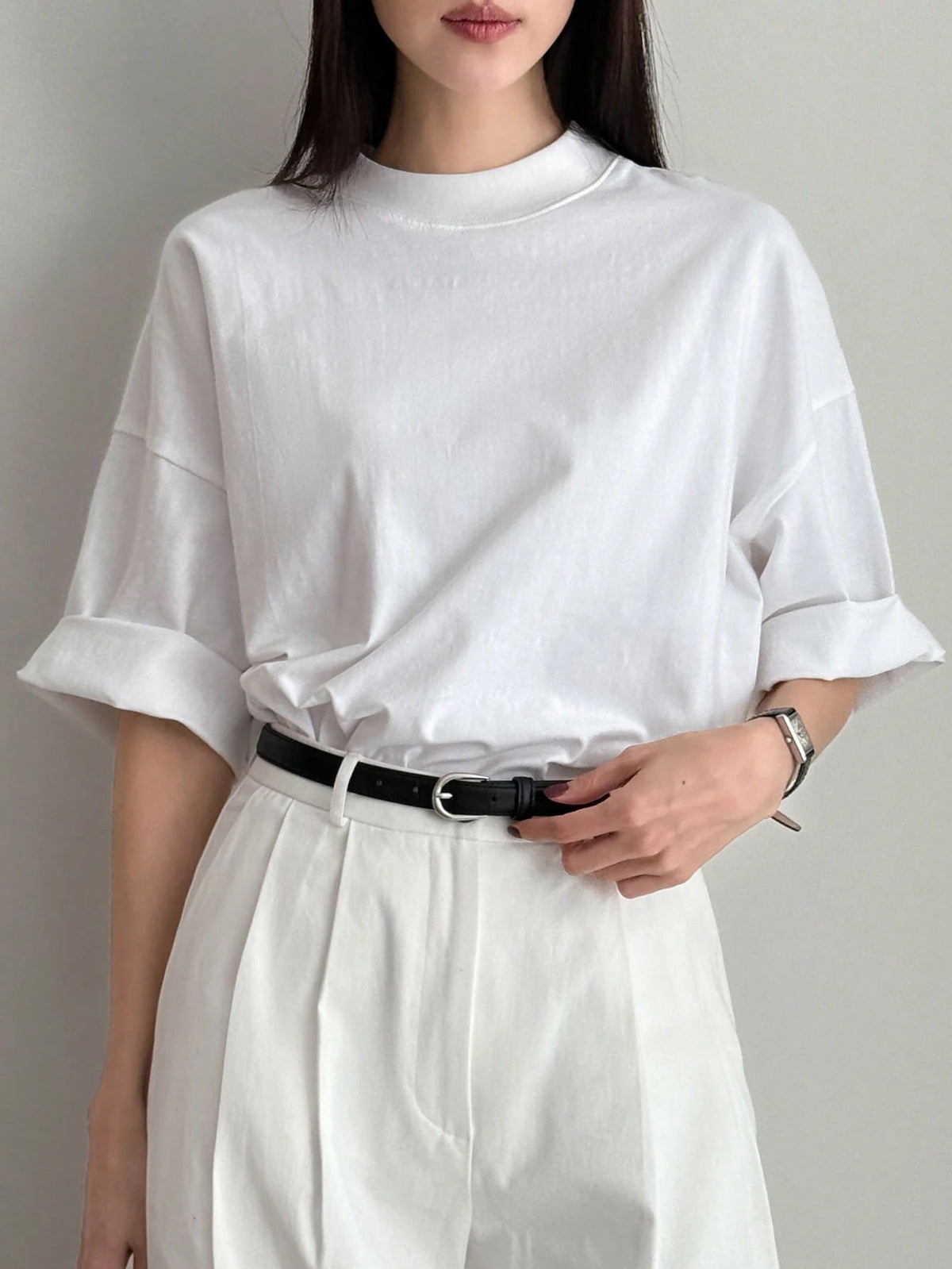 Dazy-Less Loose Business Casual Office Wear Solid Color Minimalist Mid-Sleeve Stand Collar Short Sleeve T-Shirt For Women