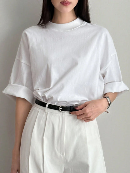 Dazy-Less Loose Business Casual Office Wear Solid Color Minimalist Mid-Sleeve Stand Collar Short Sleeve T-Shirt For Women