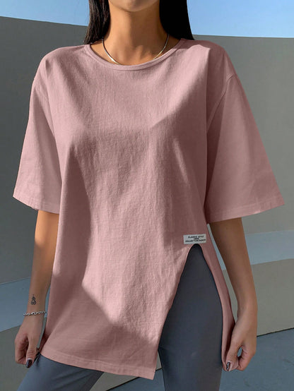 DAZY Letter Patched Detail Split Hem Drop Shoulder Tee