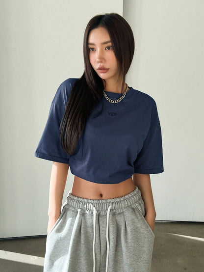 DAZY Loose Fit Drop Shoulder Short Sleeve T-Shirt With Alphabet Embroidery Oversized T-Shirt