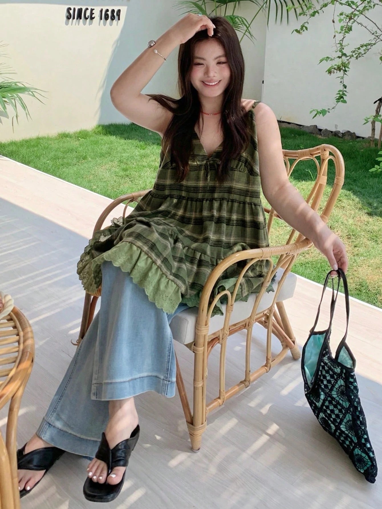 Dazy Plus Plaid Strap Patchwork Embroidered Cotton Fabric Front Bow Decor Layered Casual Loose Versatile Camisole Tank Top, Autumn/Winter, Plus Size Summer