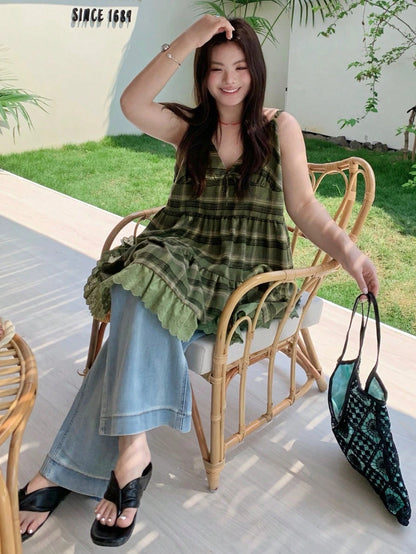 Dazy Plus Plaid Strap Patchwork Embroidered Cotton Fabric Front Bow Decor Layered Casual Loose Versatile Camisole Tank Top, Autumn/Winter, Plus Size Summer
