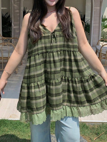 Dazy Plus Plaid Strap Patchwork Embroidered Cotton Fabric Front Bow Decor Layered Casual Loose Versatile Camisole Tank Top, Autumn/Winter, Plus Size Summer