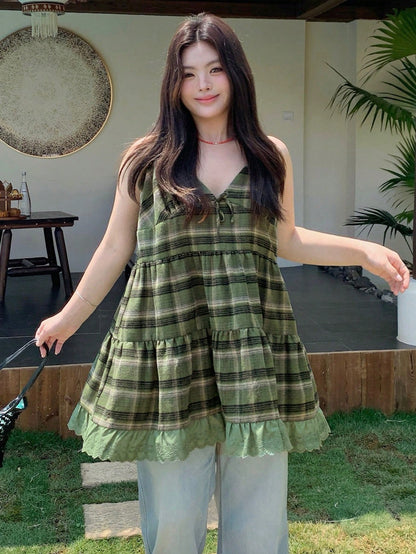 Dazy Plus Plaid Strap Patchwork Embroidered Cotton Fabric Front Bow Decor Layered Casual Loose Versatile Camisole Tank Top, Autumn/Winter, Plus Size Summer