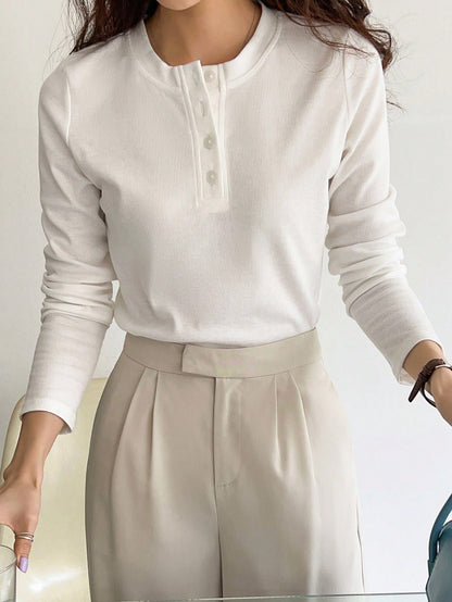 DAZY Quarter Button Rib Knit Tee,Fall Clothes Long Sleeve Women Tops