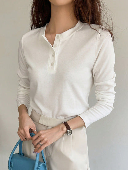 DAZY Quarter Button Rib Knit Tee,Fall Clothes Long Sleeve Women Tops
