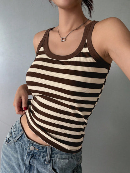 DAZY Scoop Neck Striped Print Casual Knit Tank Top For Summer